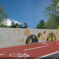 White Curved Building Exterior Wall With Circular Decorative Patterns Along Bicycle Lane And Green Trees