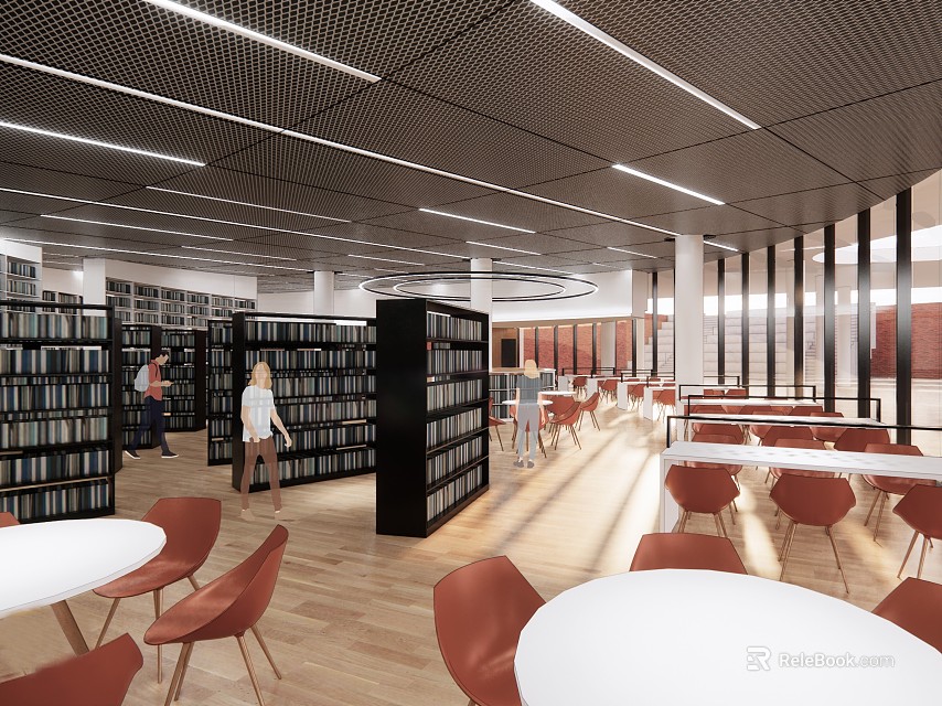 Modern Artistic Library Interior Design With Bookshelves Reading Tables And Artworks 3d model 
