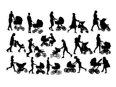Collection Of Silhouettes Featuring Parents Pushing Strollers With Children In Different Walking Poses 3d model