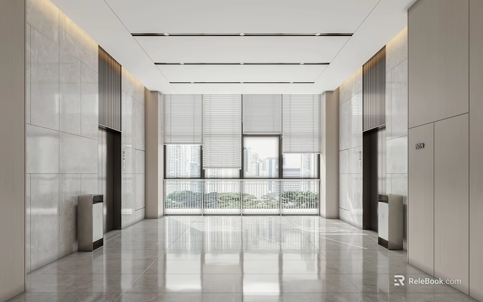 Modern Elevator Hallway With Marble Walls Large Windows Polished Floors And Recessed Lighting 3d model 