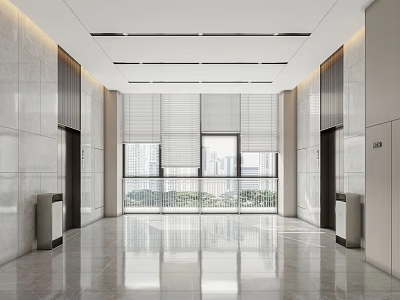 Modern Elevator Hallway With Marble Walls Large Windows Polished Floors And Recessed Lighting 3d model