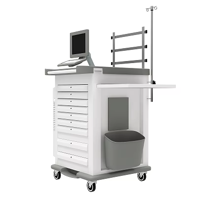 White Medical Cart With Drawers Monitor Shelf And Trash Bin On Wheels 3d model