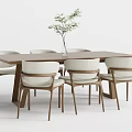 Modern Wooden Dining Table Set With Six White Chairs And Green Plant Vase