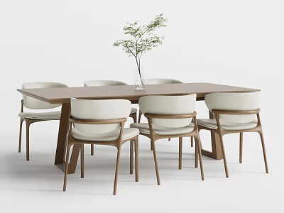 Modern Wooden Dining Table Set With Six White Chairs And Green Plant Vase 3d model