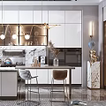 Modern Stylish Kitchen Interior With White Cabinets Marble Island And Gold Pendant Lights