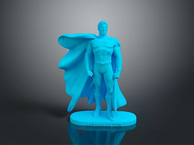Blue Super Hero Man Statue Standing With Flowing Cape On Base 3d model