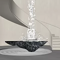 Spiral Staircase Interior With White Curved Structure And Water Sculpture On Marble Base