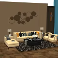 Modern Sofa And Coffee Table Set With Armchairs Throw Pillows And Circular Wall Decor 3d model