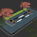 Water Fountain Landscape With Red Trees Green Plants Stone Benches Black Slate Floor And Lighting
