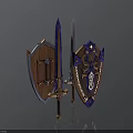 Fantasy Weapons Collection Featuring Decorated Swords And Wooden Shields With Blue Gold Patterns