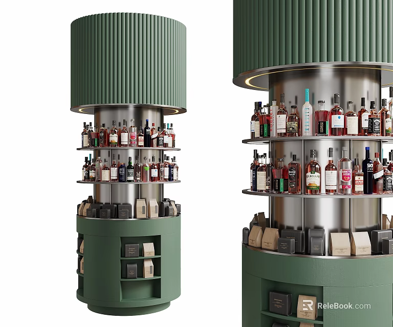 Green Cylindrical Wine Cabinet With Multi tiered Shelves Holding Wine Bottles And Small Items 3d model 