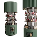 Green Cylindrical Wine Cabinet With Multi tiered Shelves Holding Wine Bottles And Small Items