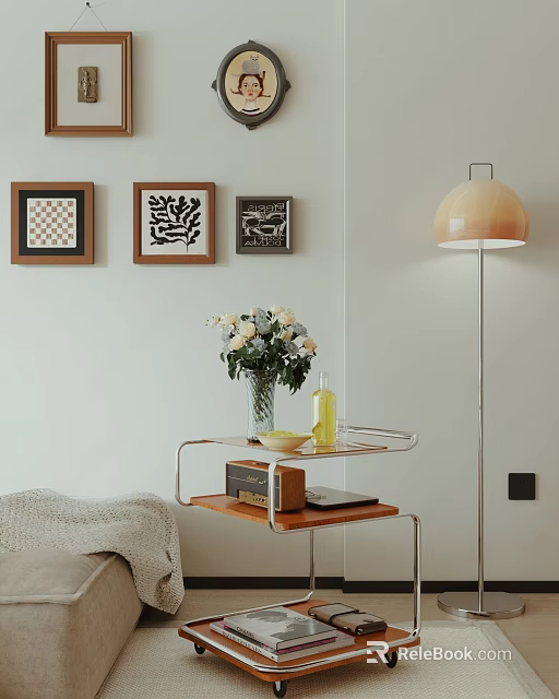 Stylish Side Table with Wooden Shelf Silver Frame and White Flower Vase Near Floor Lamp 3d model 