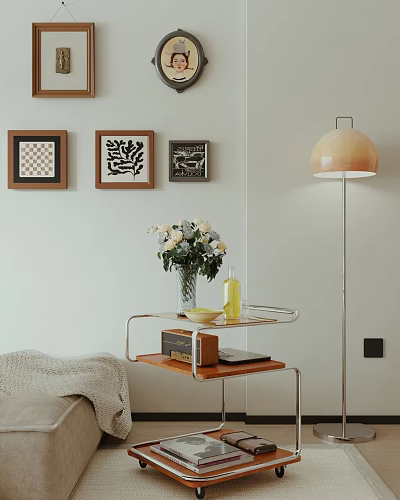 Stylish Side Table with Wooden Shelf Silver Frame and White Flower Vase Near Floor Lamp 3d model