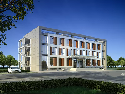 Modern Office Building Exterior Design With Large Glass Windows Wooden Frames And Landscaped Garden 3d model