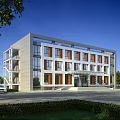 Modern Office Building Exterior Design With Large Glass Windows Wooden Frames And Landscaped Garden