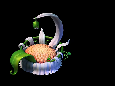 Plant Combination with Green Leaves White Petal Structures Orange Spherical Center Vines and Small Fruits 3d model