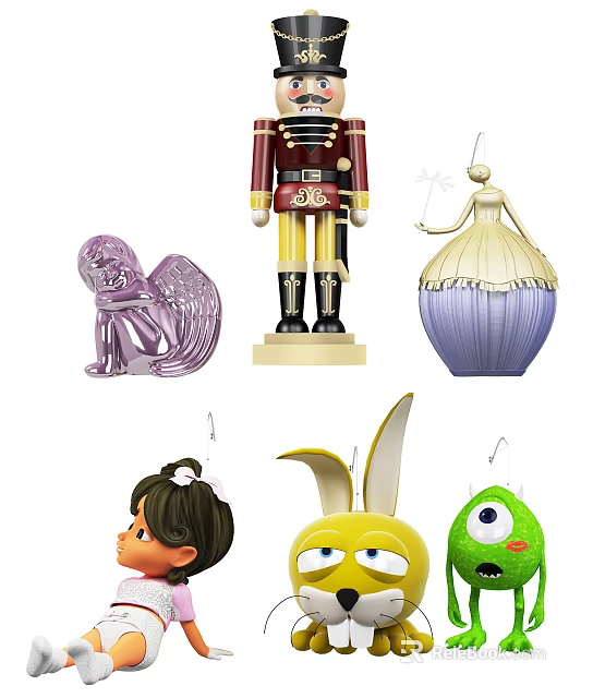 Various Collectible Dolls Including Nutcracker Angel Ballerina Girl Rabbit And Green Monster 3d model 