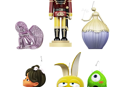 Various Collectible Dolls Including Nutcracker Angel Ballerina Girl Rabbit And Green Monster 3d model