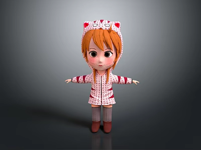 Cute Child With Red Hair Wearing Cat Ear Hat And Red White Coat Stretching Arms 3d model