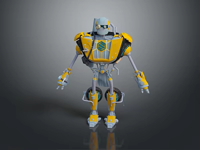 Yellow And Gray Robot Game Movie Character With Mechanical Armor Legs And Emblem 3d model