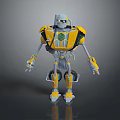 Yellow And Gray Robot Game Movie Character With Mechanical Armor Legs And Emblem