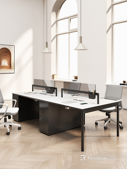 Modern Public Office Area Interior With Office Desks Partition Screens And Ergonomic Chairs 3d model 