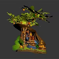 Cartoon Scene Featuring Curved Tree Green Leaves Hanging Swing Blue Pond And Orange Fruits