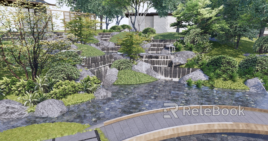 New Chinese style garden landscape pool overlapping water landscape model