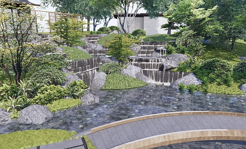 New Chinese style garden landscape pool overlapping water landscape 3d model