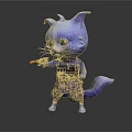 Anthropomorphic Blue Cat Game Movie Character Standing With Red Green Toy Gun And Tail