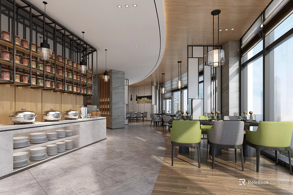 Modern Restaurant Interior Design With Green Gray Chairs Display Shelves Pendant Lights And Large Windows 3d model 