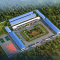 Industrial Factory Complex With Blue Roofs Surrounded By Trees Central Garden Parking And Sports Courts