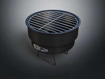 Black Round Outdoor Grill With Metal Grate Stand And Temperature Gauge 3d model