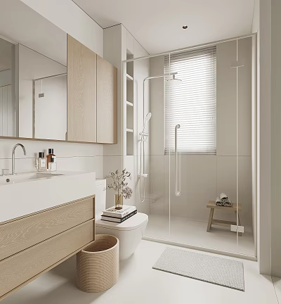 Modern Bathroom Interior Design With Vanity Mirror Shower Blinds Toilet Potted Plant And Stool 3d model