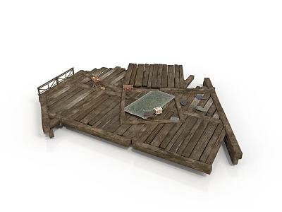 Weathered Wooden Dock Structure Featuring Dark Plank Platform Small Water Area and Railings 3d model