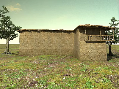 Traditional Thatched House With Earthen Walls Surrounding Trees And Lush Grassland 3d model