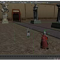 Men In Ancient Costumes Walking In Courtyard With Stone Statues And Architecture