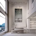 Modern Duplex Living Room Interior With Chandelier High Ceiling And Large Windows