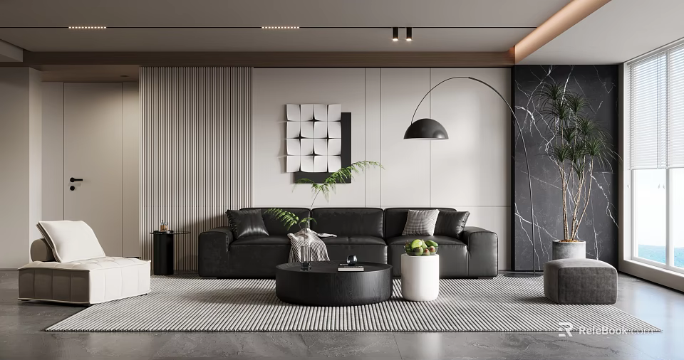 Modern Living Room Interior With Black Leather Sofa Round Coffee Table And Floor Lamp 3d model 