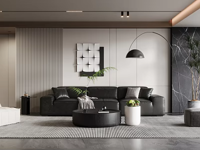 Modern Living Room Interior With Black Leather Sofa Round Coffee Table And Floor Lamp 3d model
