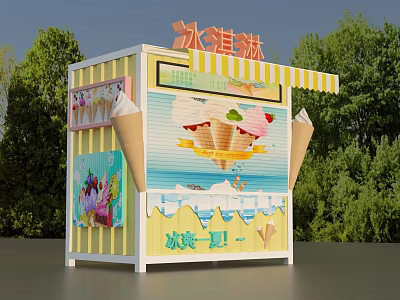 Colorful Ice Cream Kiosk With Graphics Awning And Green Trees 3d model