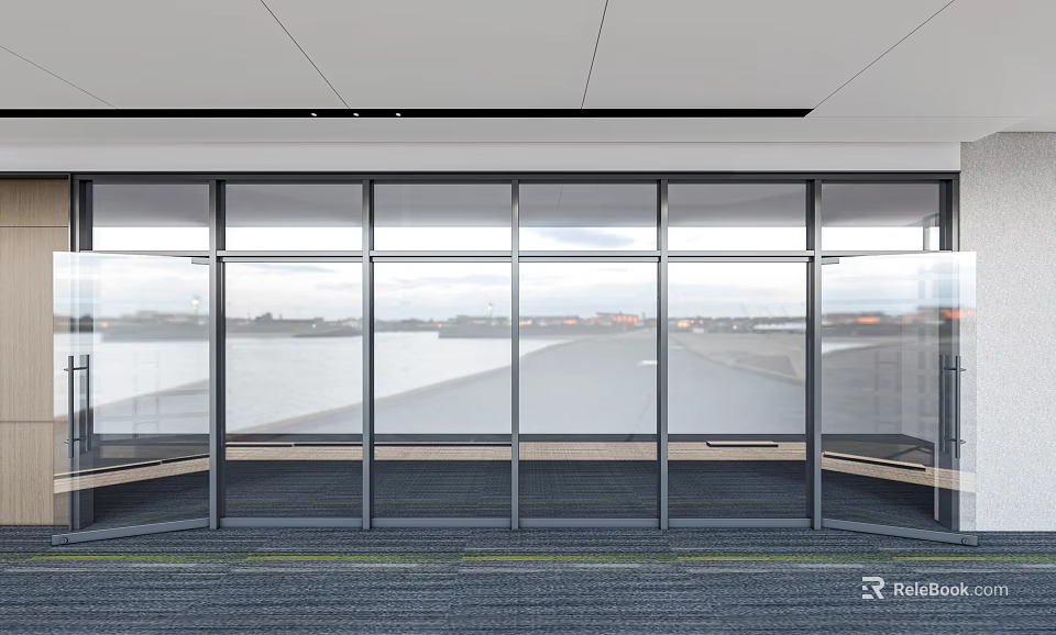 Floor to Ceiling Windows Enhance Modern Interior With Panoramic Water View and Carpeted Floor 3d model 