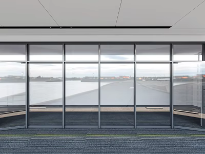 Floor to Ceiling Windows Enhance Modern Interior With Panoramic Water View and Carpeted Floor 3d model