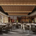 Elegant Restaurant Interior With Neat Tables Chairs Green Plants And Ceiling Lighting