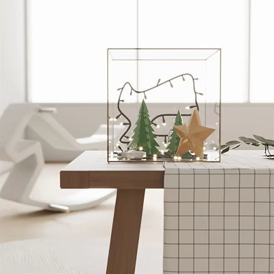 Decorative Ornament Set With Transparent Glass Cube String Lights Green Trees And Golden Star 3d model