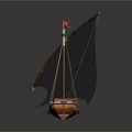 Wooden Sailing Boat With Light Blue Sail Mast And Detailed Wooden Cabin