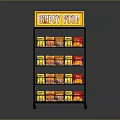 Retail Display Shelf With FAST FOOD Sign And Multiple Layers Of Yellow Red Packaged Products