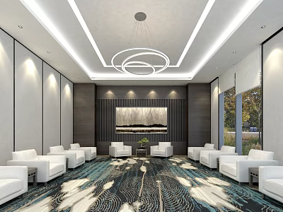 Bright Modern Hotel Public Lounge Area With White Sofas And Circular Chandelier And Patterned Carpet 3d model