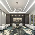 Bright Modern Hotel Public Lounge Area With White Sofas And Circular Chandelier And Patterned Carpet